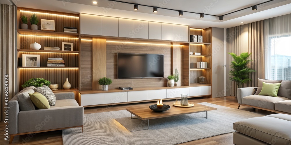Fototapeta premium Modern Living Room with TV Wall Unit and Minimalist Decor, Interior Design, Home Decor, Contemporary Style, Living Room Furniture