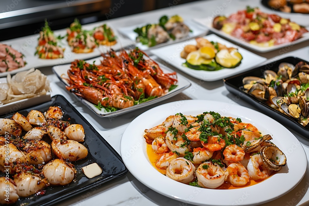 A table full of seafood dishes, including shrimp, clams, scallops, and other delights.