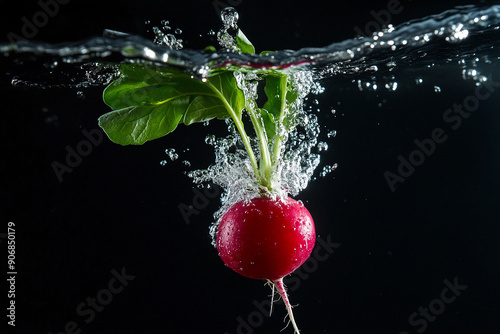 A fresh radish falling into water with a splash