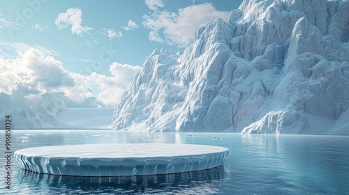 Iceberg in serene mountain lake with clear blue sky and snowy peaks