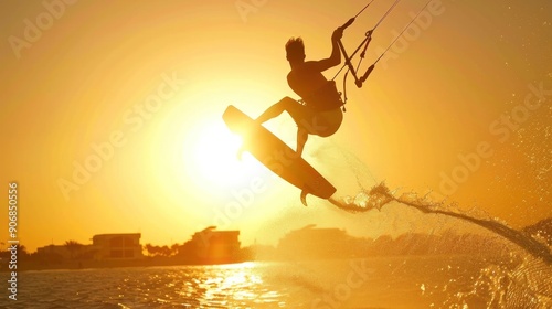 Kitesurfer Soaring at Sunset
