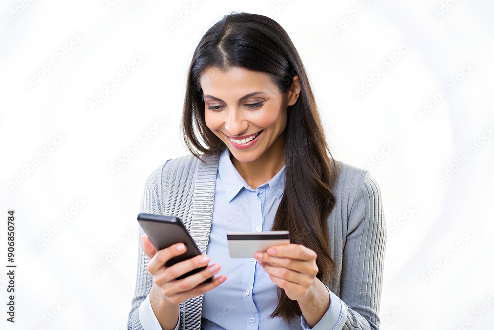 Effortless Online Shopping. Smiling Woman Using Her Phone and Credit Card Effortless Online Shopping. Smiling Woman Using Her Phone and Credit Card