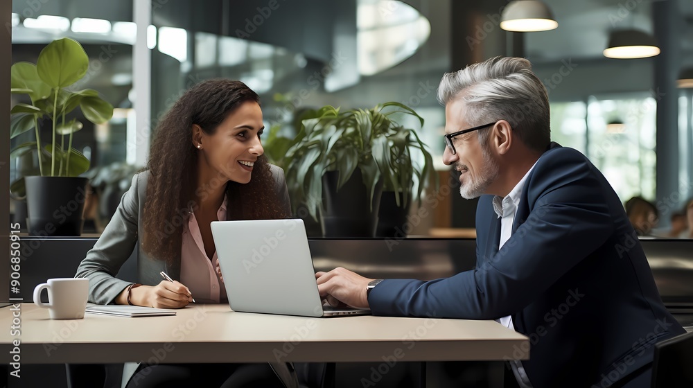 Two business professionals discuss a project in a modern and green office setting. Two business professionals discuss a project in a modern and green office setting.