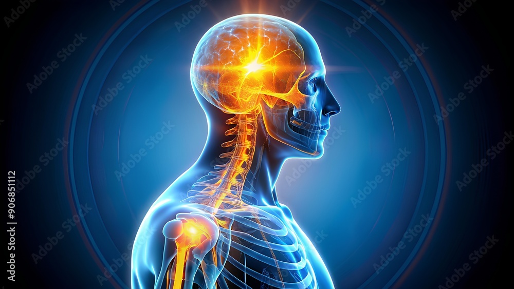 Digital rendering of a human skeleton and brain. anatomy, brain, skeleton, healthcare, science, technology. Digital rendering of a human skeleton and brain. anatomy, brain, skeleton, healthcare, science, technology.