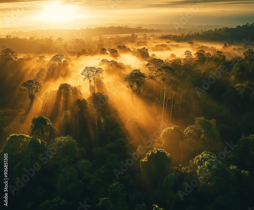 AI Generated. AI Generative. Beautiful green amazon forest landscape at sunset sunrise. Adventure explore air dron view vibe. Graphic Art photo