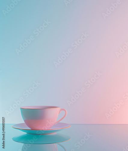 A tea cup standing on a table isolated on an pastel pink and pale blue background. Space for text. A cup and its reflections, backdrop and background.