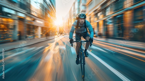 Cyclist in a City at Sunset