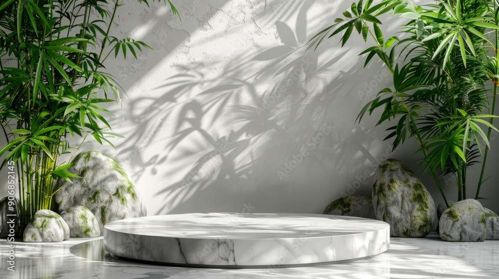 Bamboo display platform surrounded by natural elements in soft light Bamboo display platform surrounded by natural elements in soft light
