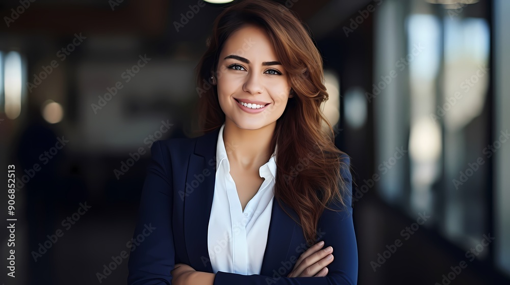 A confident businesswoman in a modern office, ideal for corporate promotional and marketing materials. A confident businesswoman in a modern office, ideal for corporate promotional and marketing materials.