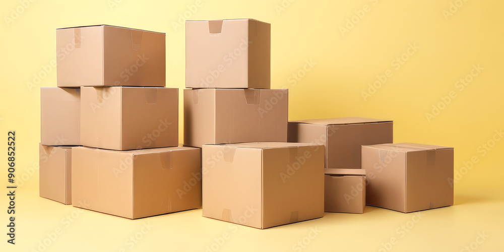 stacks of cardboard boxes on a yellow background stacks of cardboard boxes on a yellow background