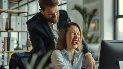 Female employee distressed by male boss's inappropriate behavior in office.
