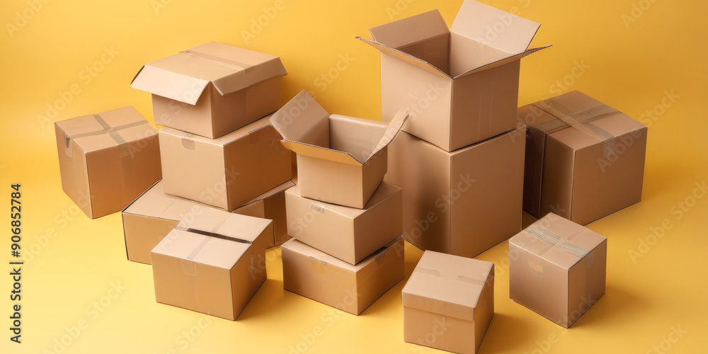 stacks of cardboard boxes on a yellow background stacks of cardboard boxes on a yellow background