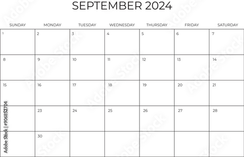 Monthly Planner September 2024. Calendar SEPTEMBER 2024. Week starts on SUNDAY. Blank Calendar Template A4. Vector illustration