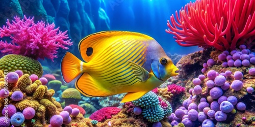 Vibrant Yellow Fish Swimming Amidst Colorful Coral Reef, Underwater World, Marine Life, Tropical Fish, Reef