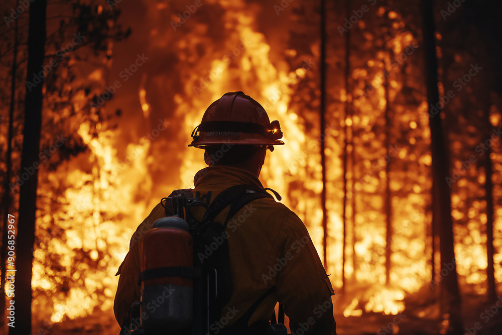 A firefighter walking into a burning forest, back view. A brave rescuer fights the effects of climate change. Every year forest fires cause irreparable damage to our planet. A firefighter walking into a burning forest, back view. A brave rescuer fights the effects of climate change. Every year forest fires cause irreparable damage to our planet.