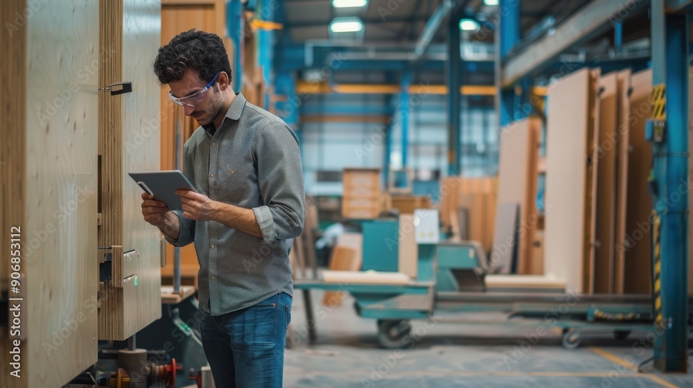 Worker Using Tablet in Woodworking Factory Worker Using Tablet in Woodworking Factory