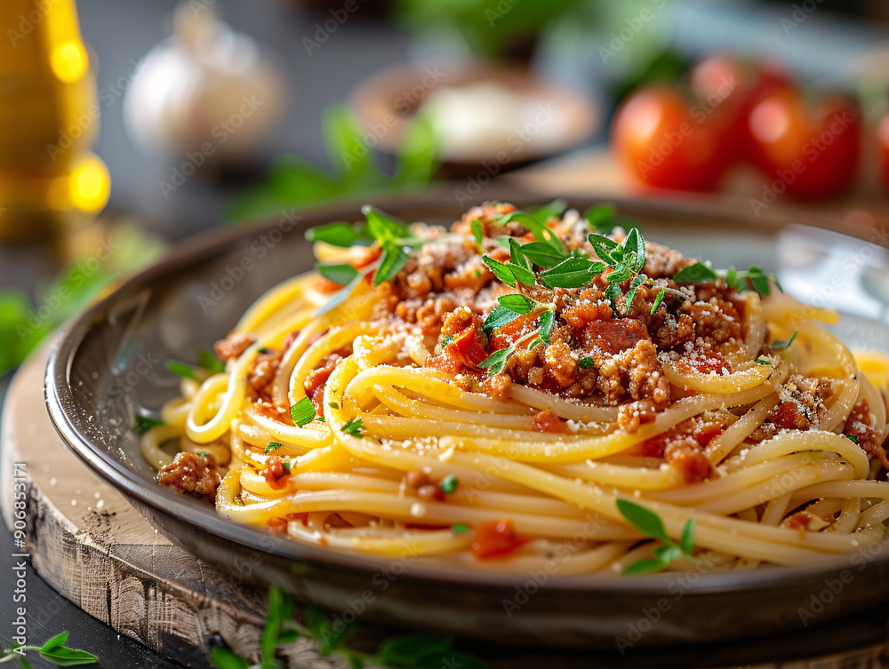 a plate of Linguni pasta bolognesa with a sprinkle of parsley on top. a plate of Linguni pasta bolognesa with a sprinkle of parsley on top.