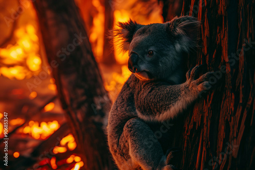 A koala bear clings to a tree during a forest fire. A terrifying wildfire poses a threat to wildlife. Image to draw attention to global warming. photo