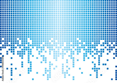 A background texture of blue color digital pixels dripping on a white background