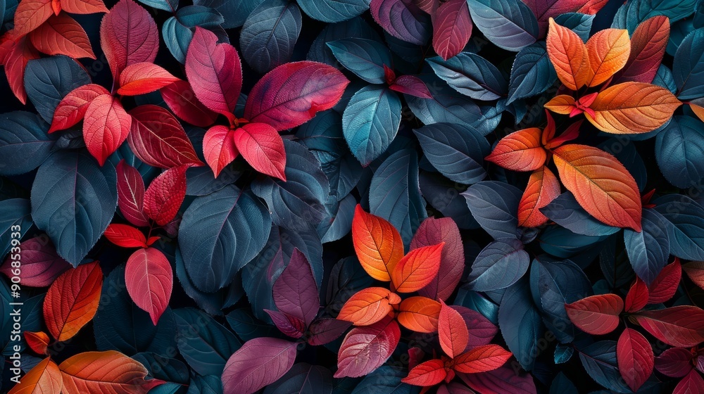 Vibrant textile leaves creating a colorful pattern in a rich blue background Vibrant textile leaves creating a colorful pattern in a rich blue background