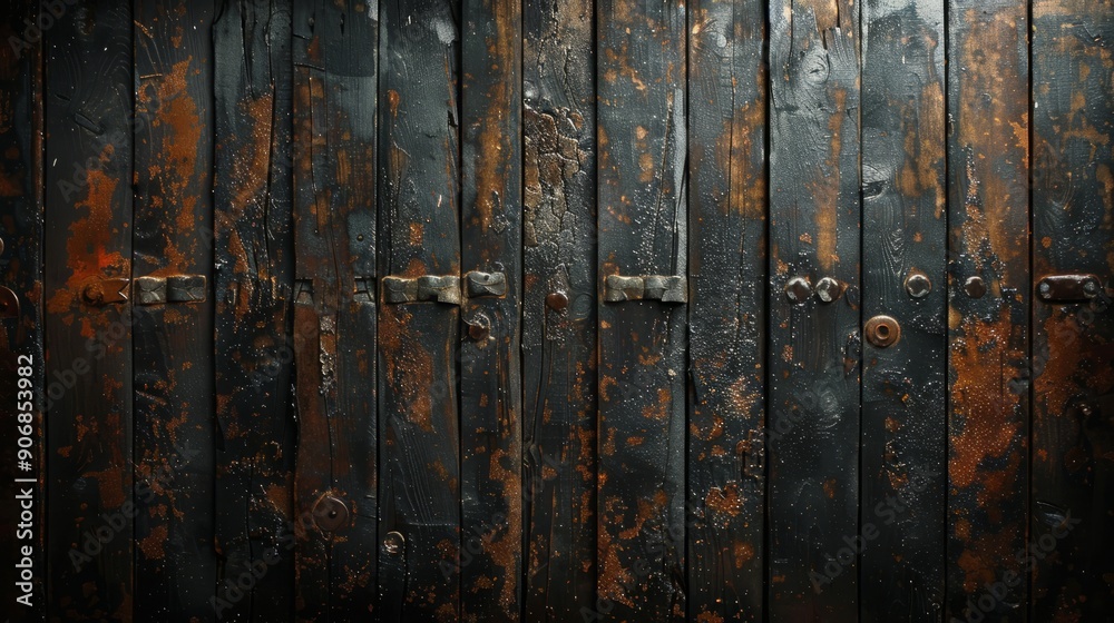 Weathered wooden planks with rusted metal hardware in dim light Weathered wooden planks with rusted metal hardware in dim light