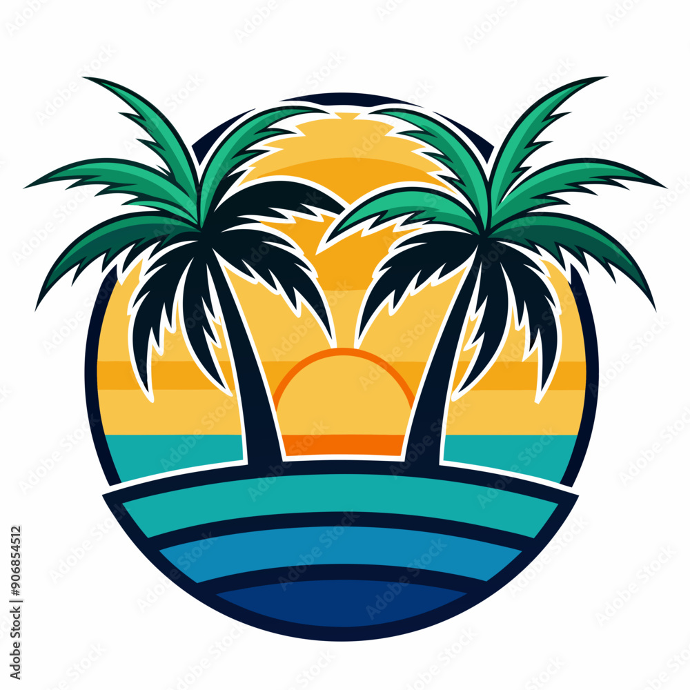 Obraz premium A logo that has two palm trees on a beach art vector illustration