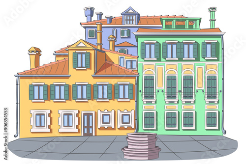 Vector drawing of old traditional houses on small square with well in Venice.