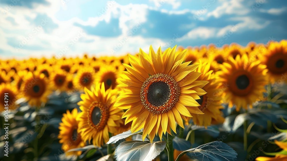 Fototapeta premium Seaside breeze carrying radiant golden pollen from sunflowers, the vibrant fields stretching to the horizon