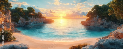 Radiant sunrise casting warm light on a secluded seaside cove, golden sands and turquoise waters inviting tranquility