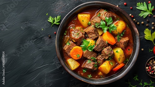 Hearty beef stew with potatoes and carrots in tomato sauce served on a dark surface