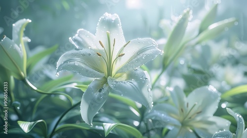 Close-up of a White Lily Flower with Dew Drops.