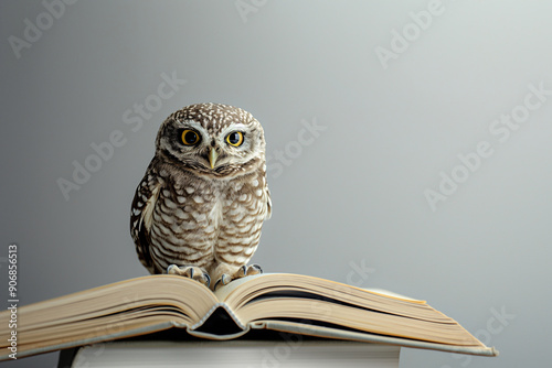 A cute owl sits on a book. White background with copy space. Concept for the first of September, training courses, educational institutions, schools. Education, gaining knowledge, wisdom.