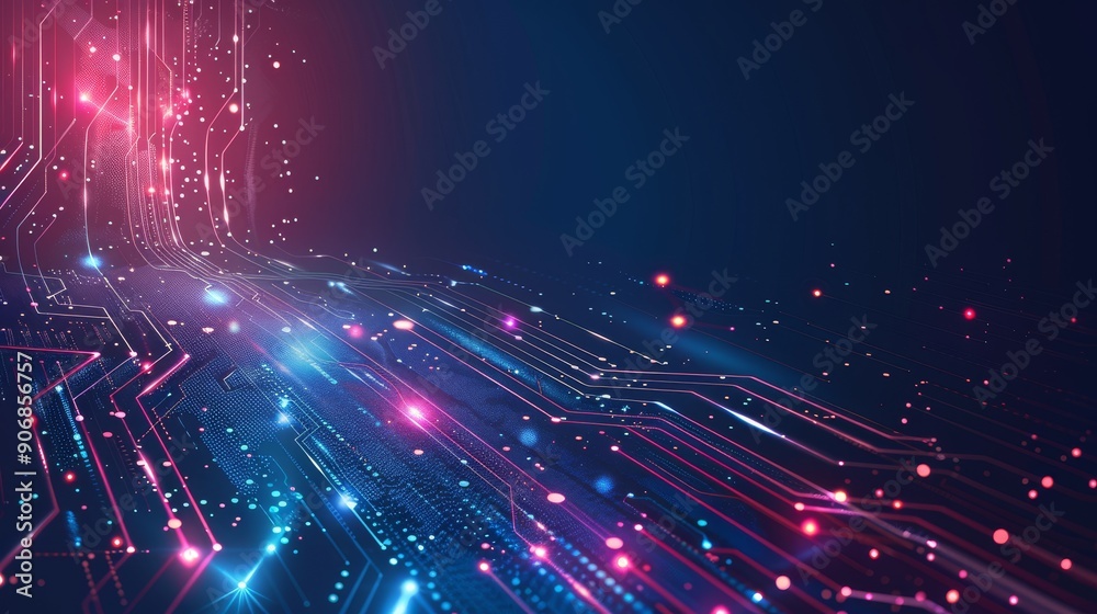 Fototapeta premium Digital technology banner Pink blue background concept with technology light effect, abstract tech, innovation future data, internet network, Ai big data, lines dots connection, illustration vector
