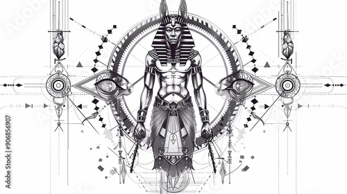 Tattoo art line, illustrated in Illustrator, perfect generation without design errors, pure white and clean background. A geometric and realistic style tattoo, featuring a combination of mythological.