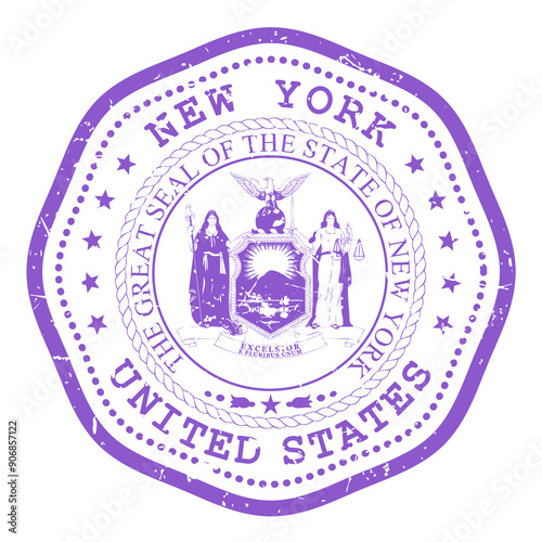 New York state stamp with seal, USA travel stamp, shabby postmark of New York, vector