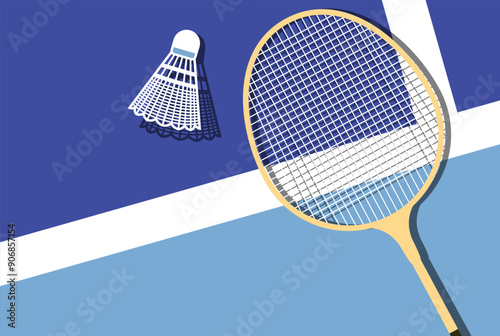 Badminton racket and shuttlecock lies on badminton court, view from above, sport poster, vector