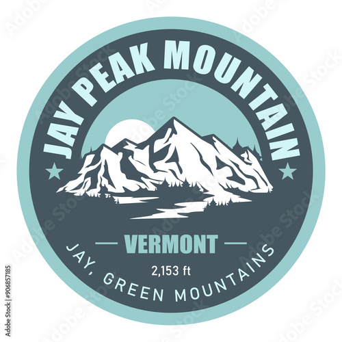 Jay Peak, Vermont, Green Mountains ski resort stamp, emblem with snow covered mountains, vector