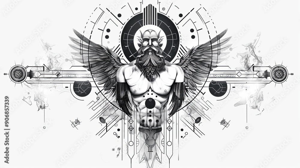 Obraz premium Tattoo art line, illustrated in Illustrator, perfect generation without design errors, pure white and clean background. A geometric and realistic style tattoo, featuring a combination of mythological.