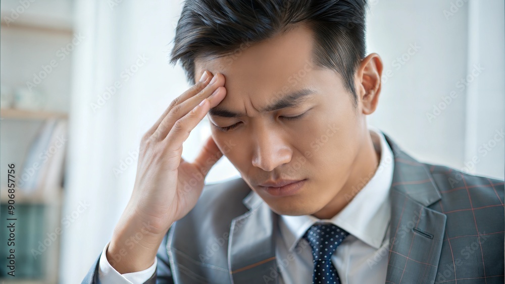 Asia businessman in pain, holding his hand to his temple.This image captures the stress, headache, work overload, and overthinking associated with mental health issues. Isolated on a white background