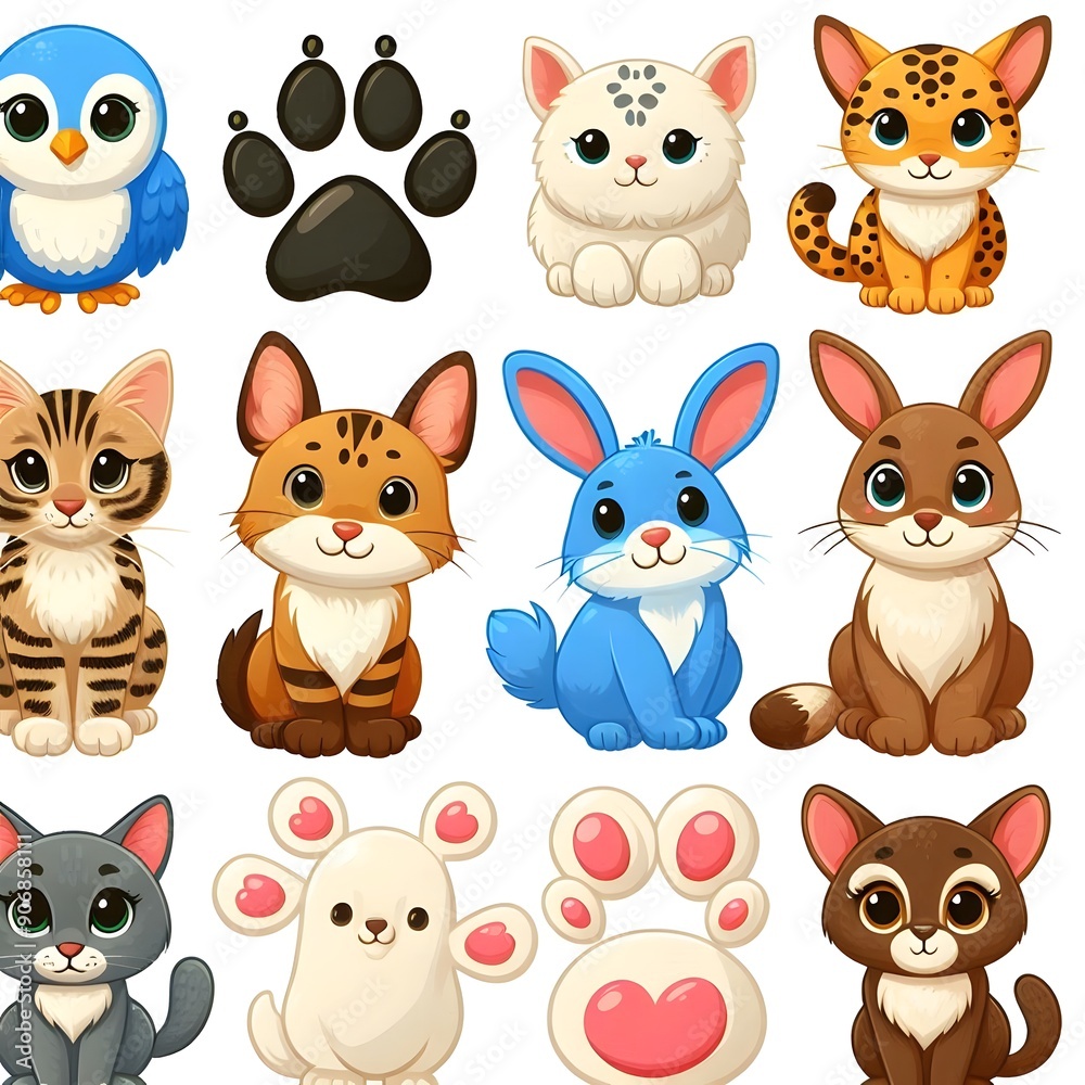 Cute Cartoon Animals with Paw Prints Set Cute Cartoon Animals with Paw Prints Set