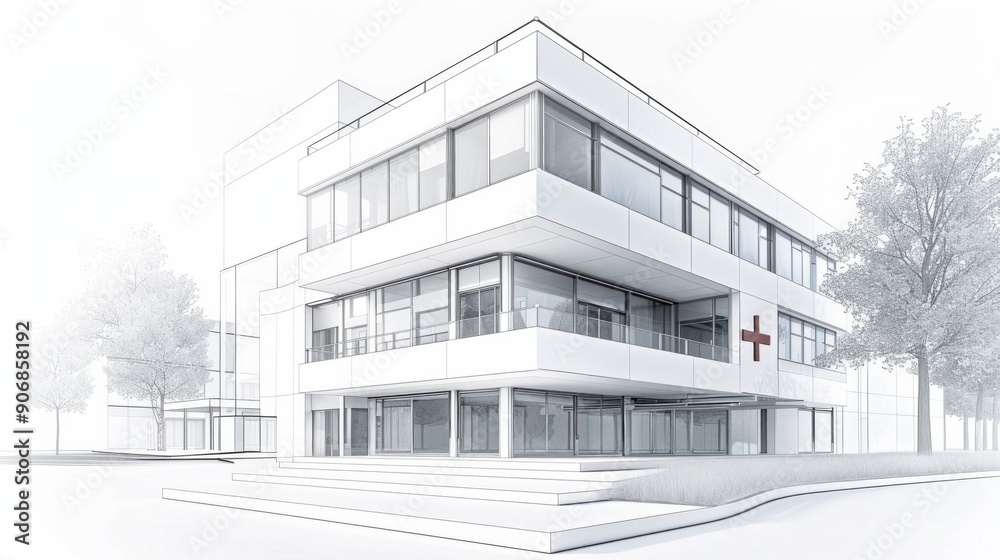Large modern hospital building, pencil sketch and blueprint . Large modern hospital building, pencil sketch and blueprint .