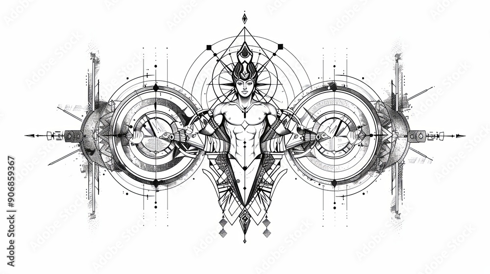 Fototapeta tattoo art line, illustrated in illustrator, perfect generation without design errors, pure white and clean background, A geometric and realistic style tattoo, featuring a combination of mythological.