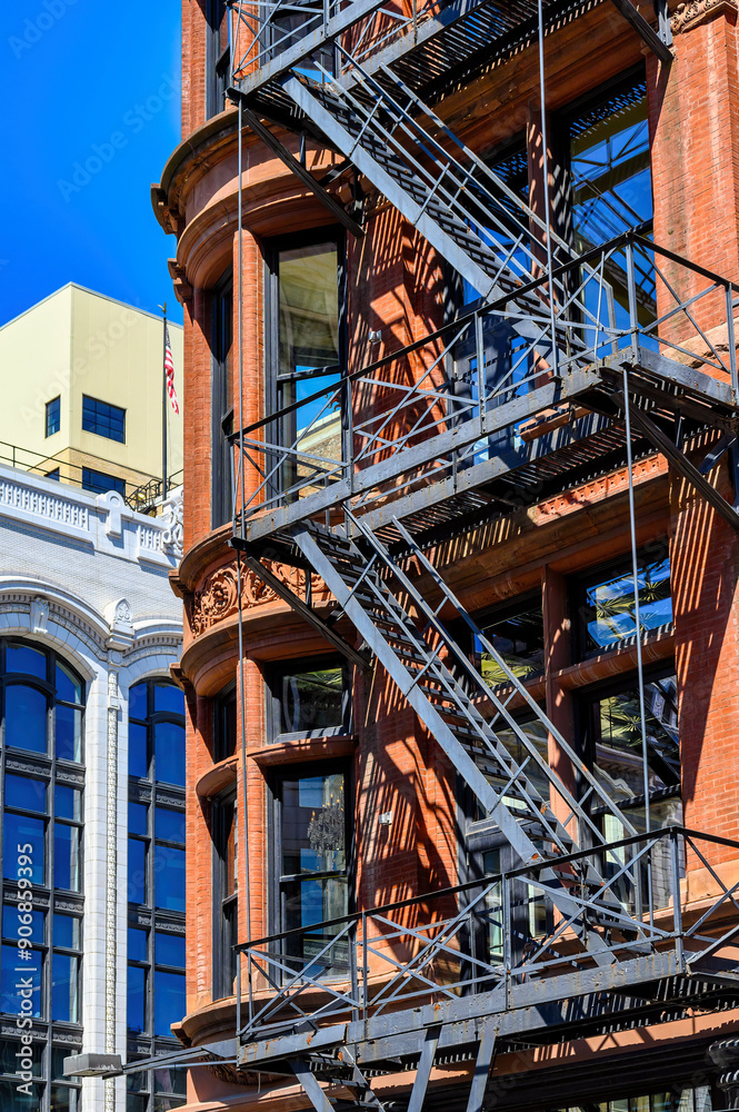 Colonial-style building and fire escape staircase, Detroit, USA Colonial-style building and fire escape staircase, Detroit, USA