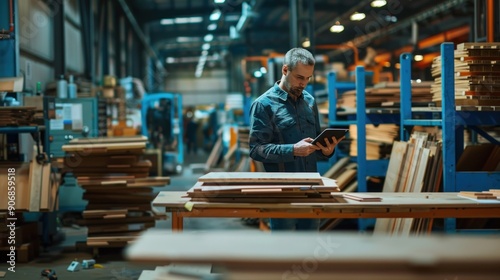 Man Using Digital Tablet in a Woodworking Factory