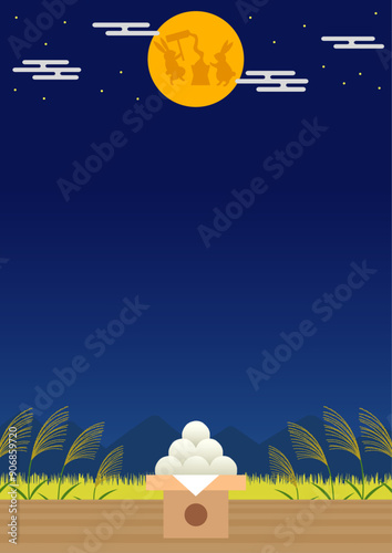 お月見をイメージした兎のいる月と月見団子とススキの背景_縦_2
