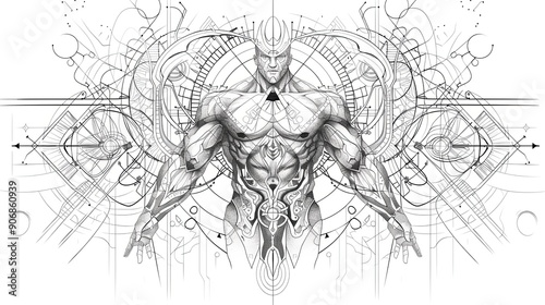 Wallpaper Mural tattoo art line, illustrated in illustrator, perfect generation without design errors, pure white and clean background, A geometric and realistic style tattoo, featuring a combination of mythological. Torontodigital.ca