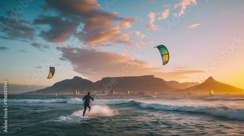 Kiteboarding at Sunset with Table Mountain in the Background