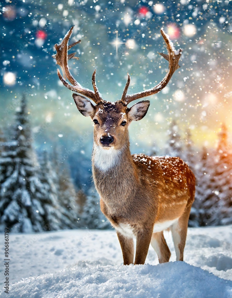 Deer in a snow on Christmas background. Winter wonderland. Deer in a snow on Christmas background. Winter wonderland.