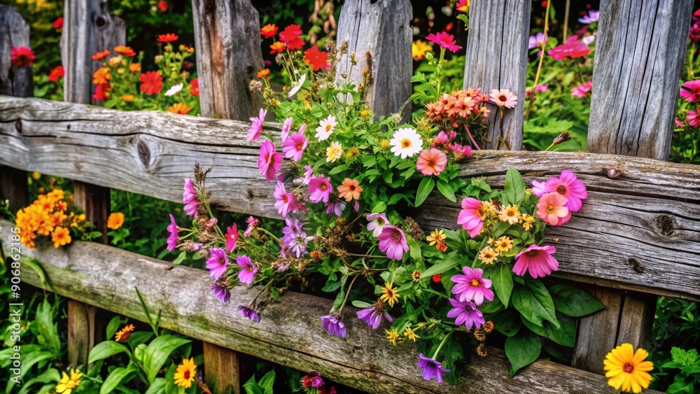 Fototapeta premium Weathered Old Fence with Flowers