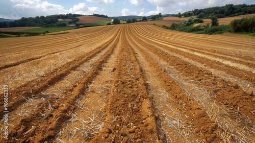 Post harvest wheat field with rich soil texture in rural landscape